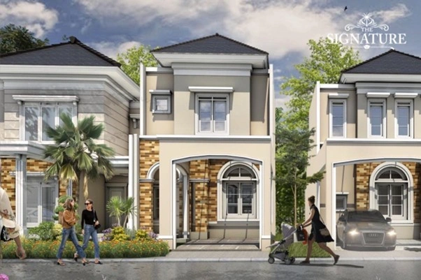 Dinding stucco dan fasad pada rumah bergaya Mediterania di Serpong Natura City