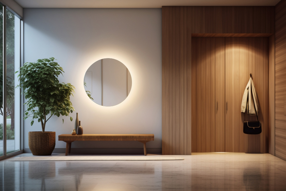 Pintu minimalis dengan lampu dinding
