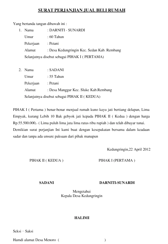 Surat perjanjian jual beli rumah standar