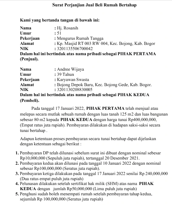 Surat Perjanjian Jual Beli Rumah Bertahap